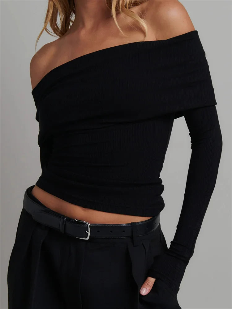 Knitted Ribbed Slash Neck Solid Streetwear T-shirts