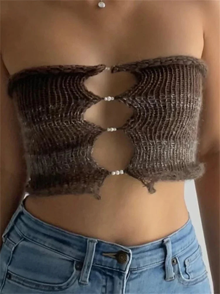 Backless Tube Y2K Hollow Out Knitted Summer Sleeveless Strapless Mini Vest Club Crop Top