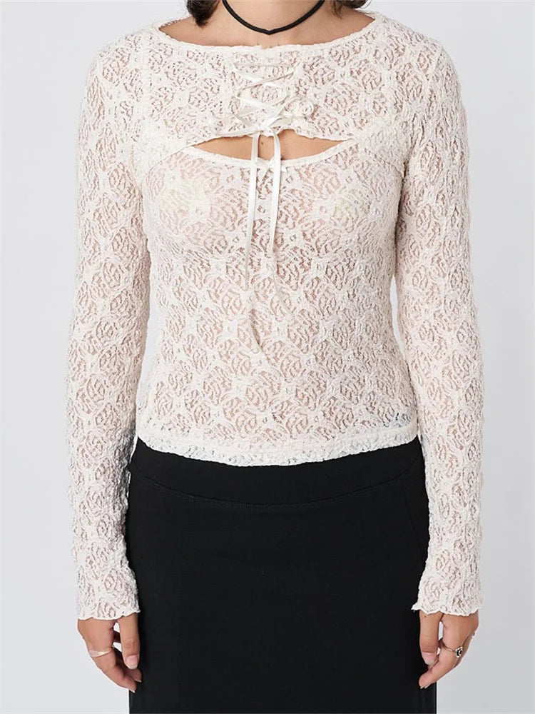 Sleeveless Strap Lace Mesh Round Neck See Through Mini Vest With Long Sleeve Tie-up Shrugs Crop Top