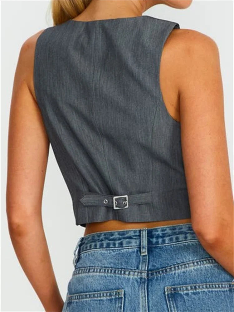 Sleeveless Vest Buttons Down Slim Fit Solid Color V-Neck Cropped Y2K Casual Irregular Hem Streetwear Crop Top