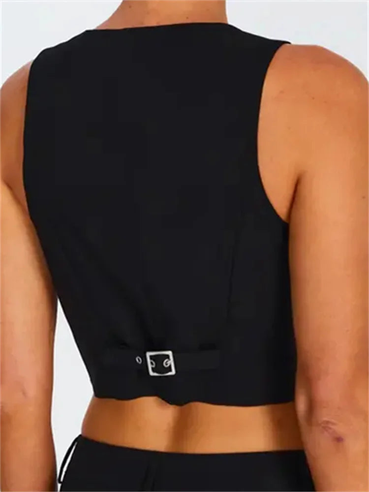 Sleeveless Vest Buttons Down Slim Fit Solid Color V-Neck Cropped Y2K Casual Irregular Hem Streetwear Crop Top
