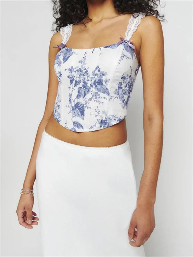 Slim Lace Strap Mini Vest Plaid/Floral Print Exposed Navel Cropped Summer Party Streetwear Crop Top