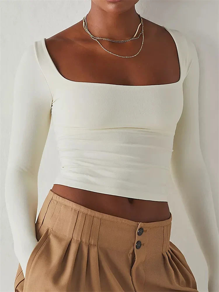 Square Neck Slim Fit Casual Female Basic T-shirts