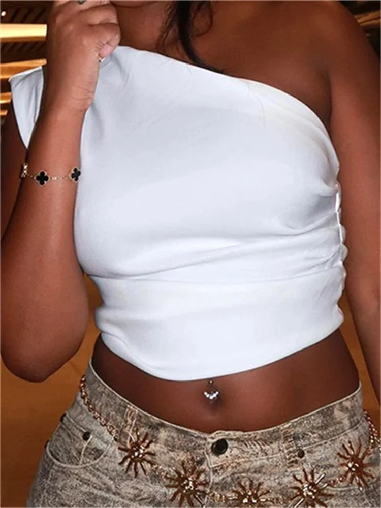 Summer Slim Fit Side Ruched White Sleeveless Off Shoulder Short Mini Vest Party Street Clubwear Crop Top