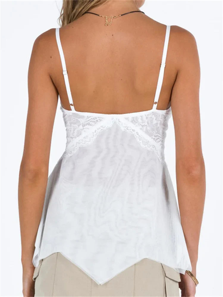 Y2K Retro Lace Sleeveless Strap for V-neck Mesh See Through Patchwork Irregular Hem Vests Crop Top