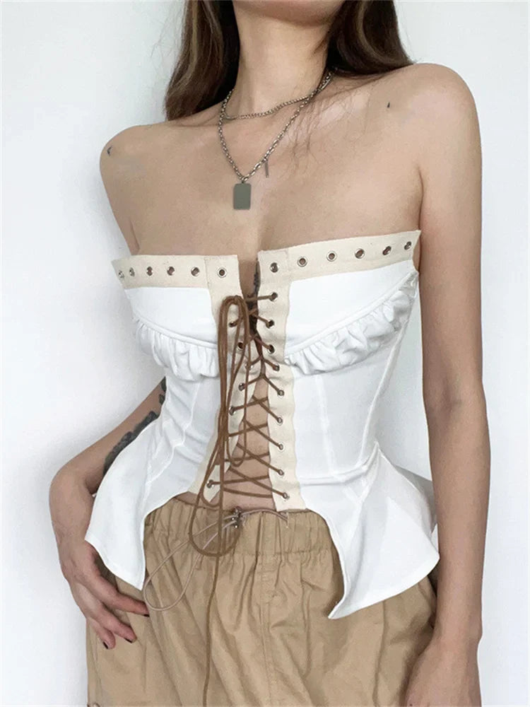 Y2K Strapless Off Shoulder Tube Cropped Summer Clubwear Front Hollow Out Criss-cross Tie-up for Vest Crop Top