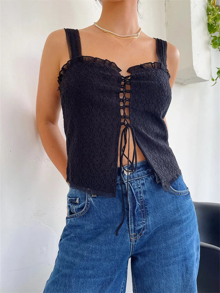 Y2K Floral Lace Mesh Ruffles Vests Sleeveless Low-Cut Tie-Up Vintage Summer Irregular Hem Tanks Crop Top