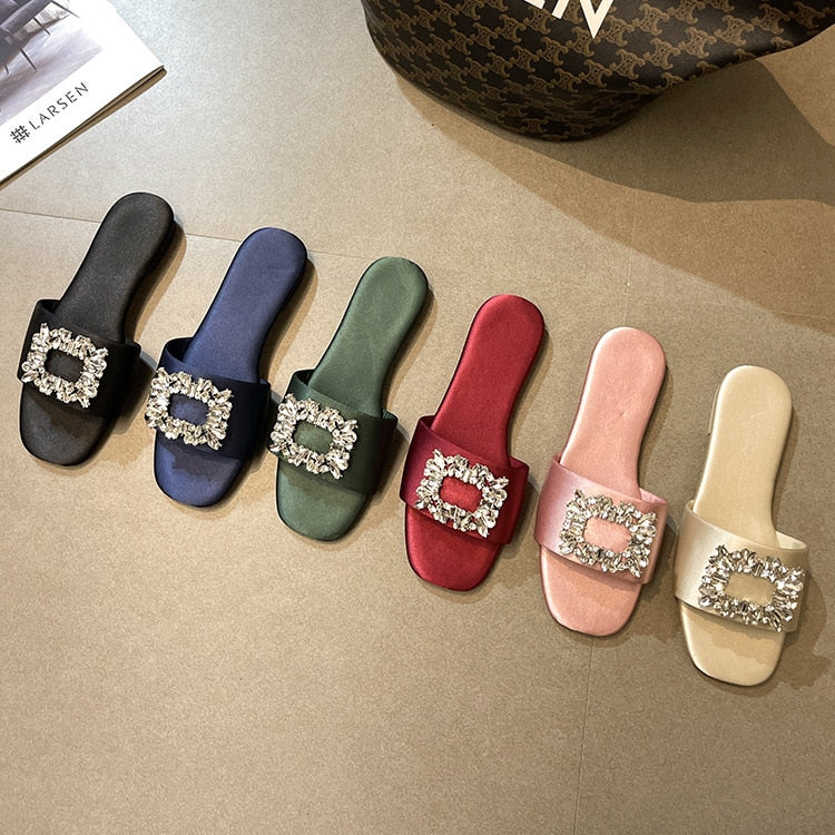 Cleo Rhinestone Embellishment Satin Slippers - 6 Colors