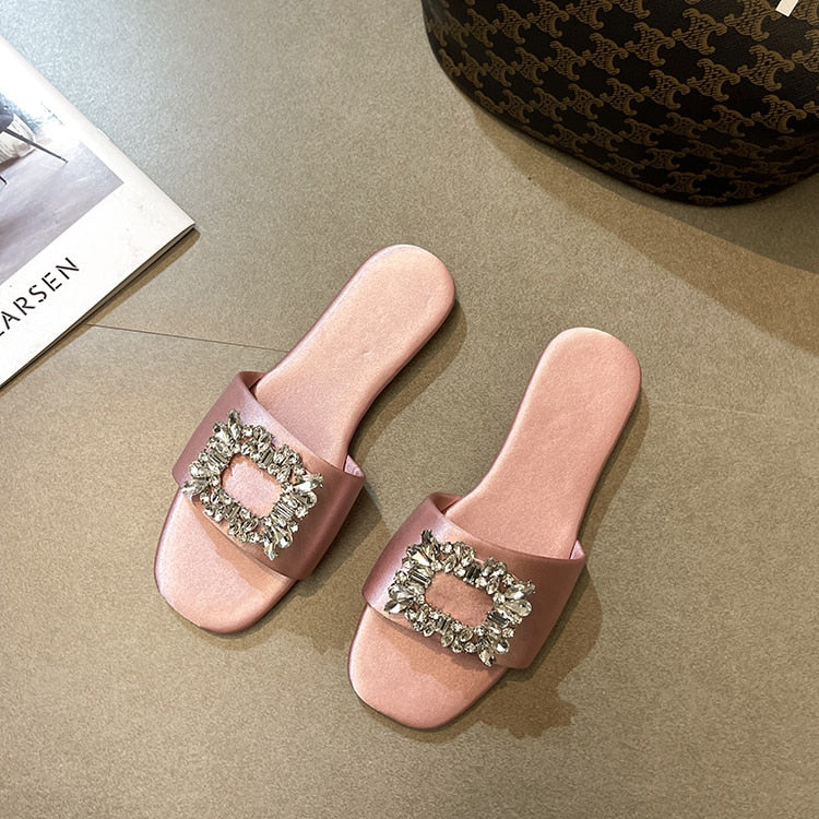 Cleo Rhinestone Embellishment Satin Slippers - 6 Colors