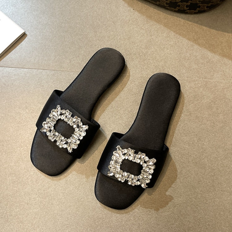 Cleo Rhinestone Embellishment Satin Slippers - 6 Colors