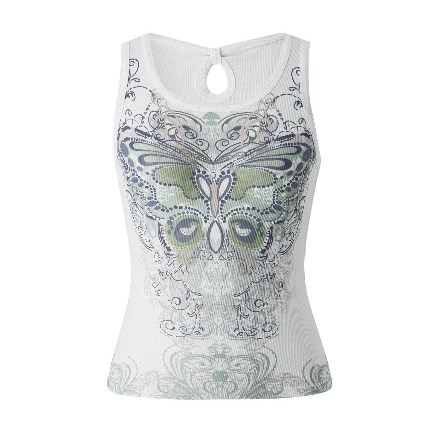 Slim Knitted Vest White Sleeveless O Neck Butterfly Vintage Print Tank Crop Tops