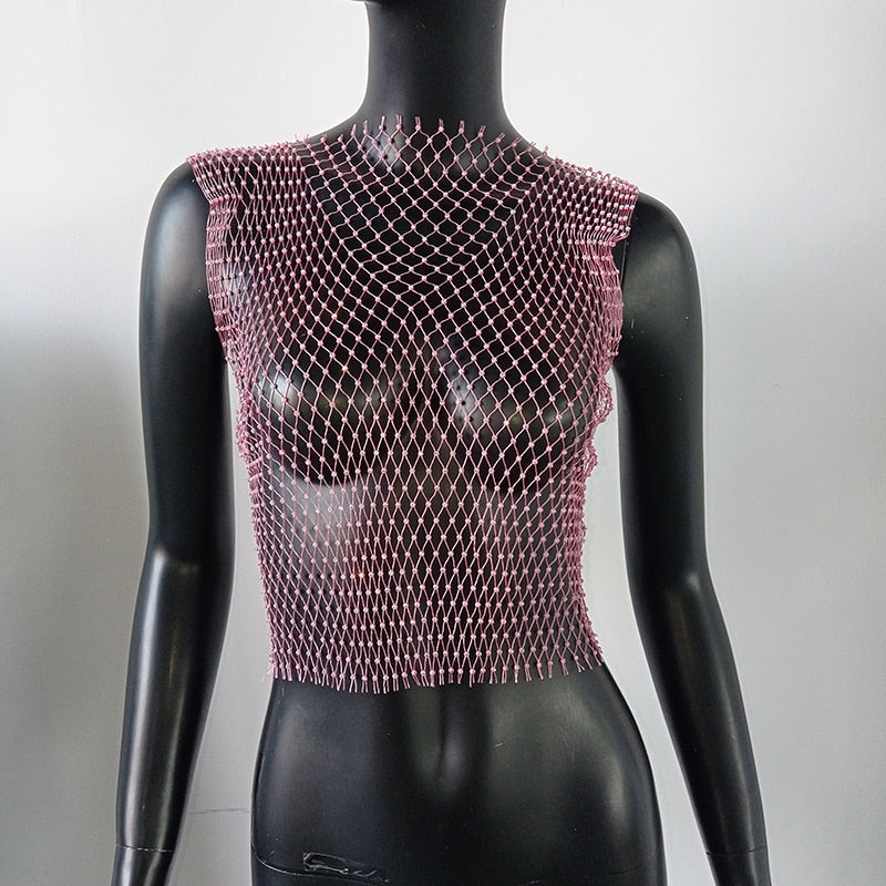 Crystal Rhinestone Embellished Mesh Tank Top - 8 Colors