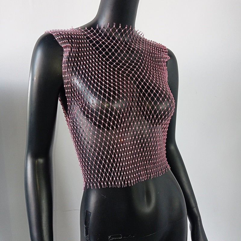 Crystal Rhinestone Embellished Mesh Tank Top - 8 Colors