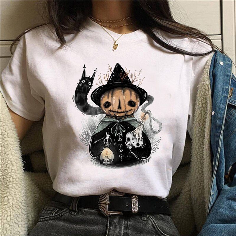 Cute Cartoon Cat Mushroom Print T Shirt