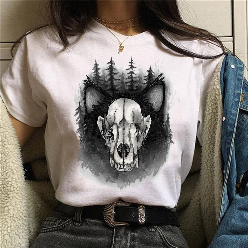 Cute Cartoon Cat Mushroom Print T Shirt