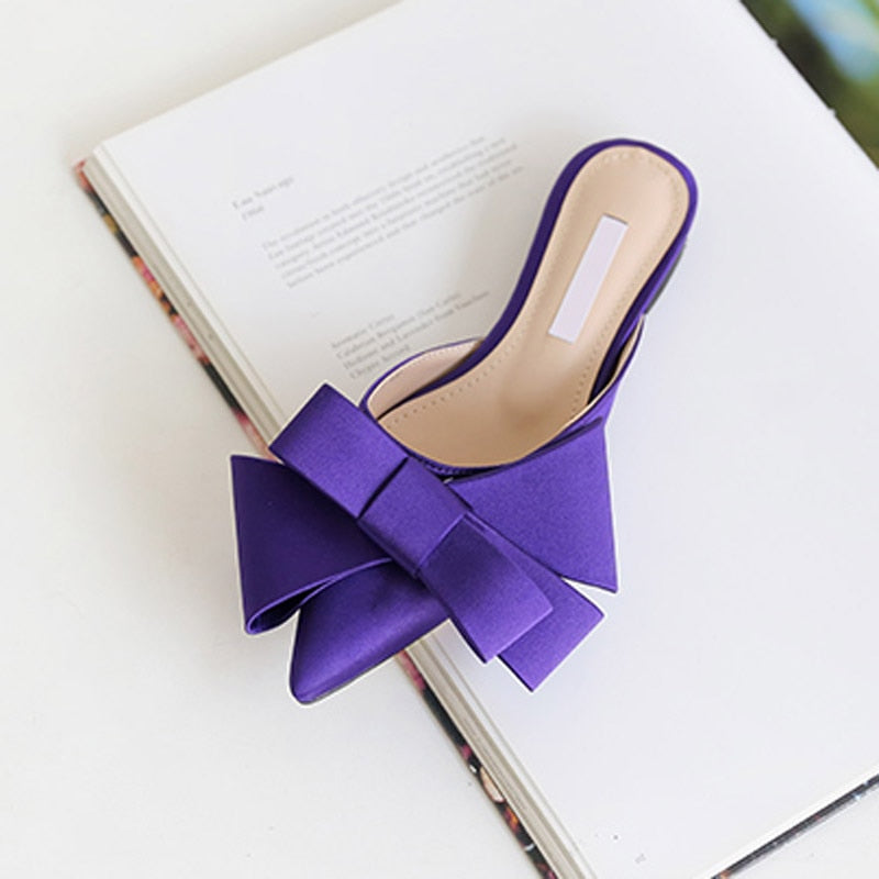 Dianna Silk Satin Pointed Big Bow Tie Slippers - 5 Colors
