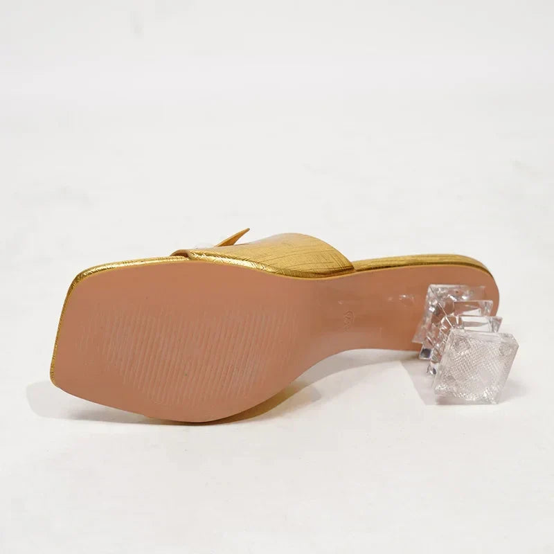 New Design Pearl Transparent Highs Square Toe Slippers Summer Slides Shoes Low Heel Pumps