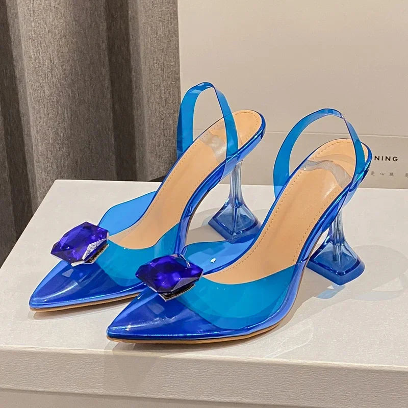 Perspex High Slingbacks Designer Pointed Toe PVC Transparent Shoes Low Heel Pumps