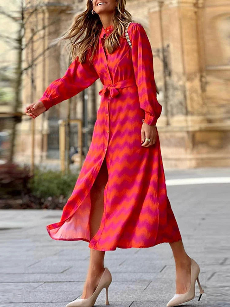 Elegant Lady Tie Dye Ruffled Lace Up Waist V-neck Maxi Dress
