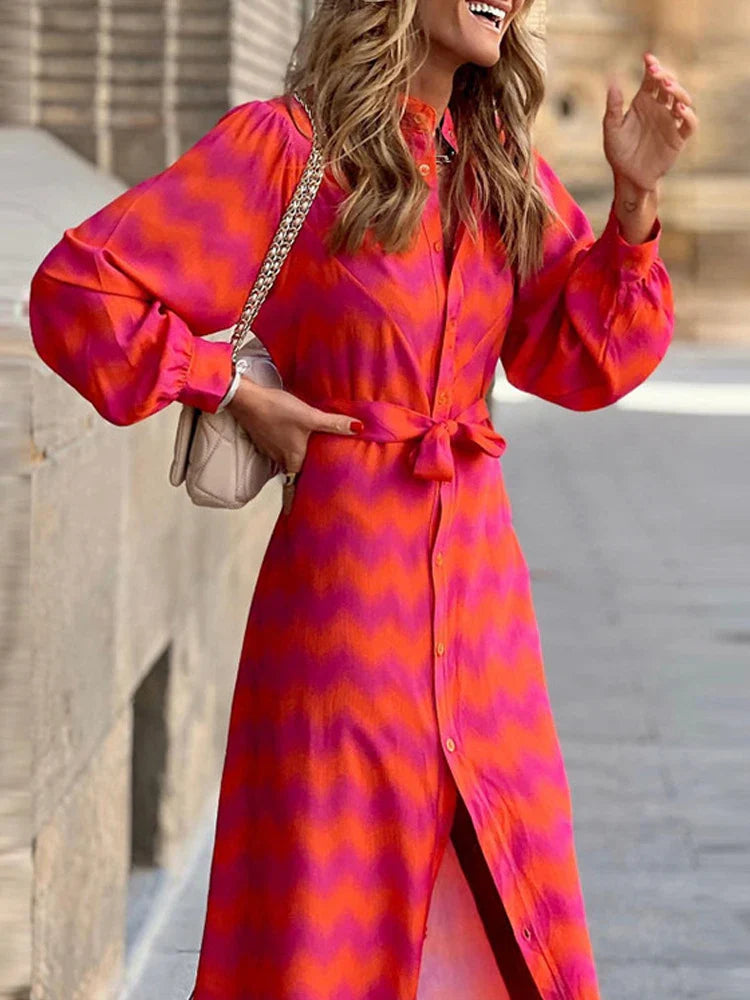 Elegant Lady Tie Dye Ruffled Lace Up Waist V-neck Maxi Dress