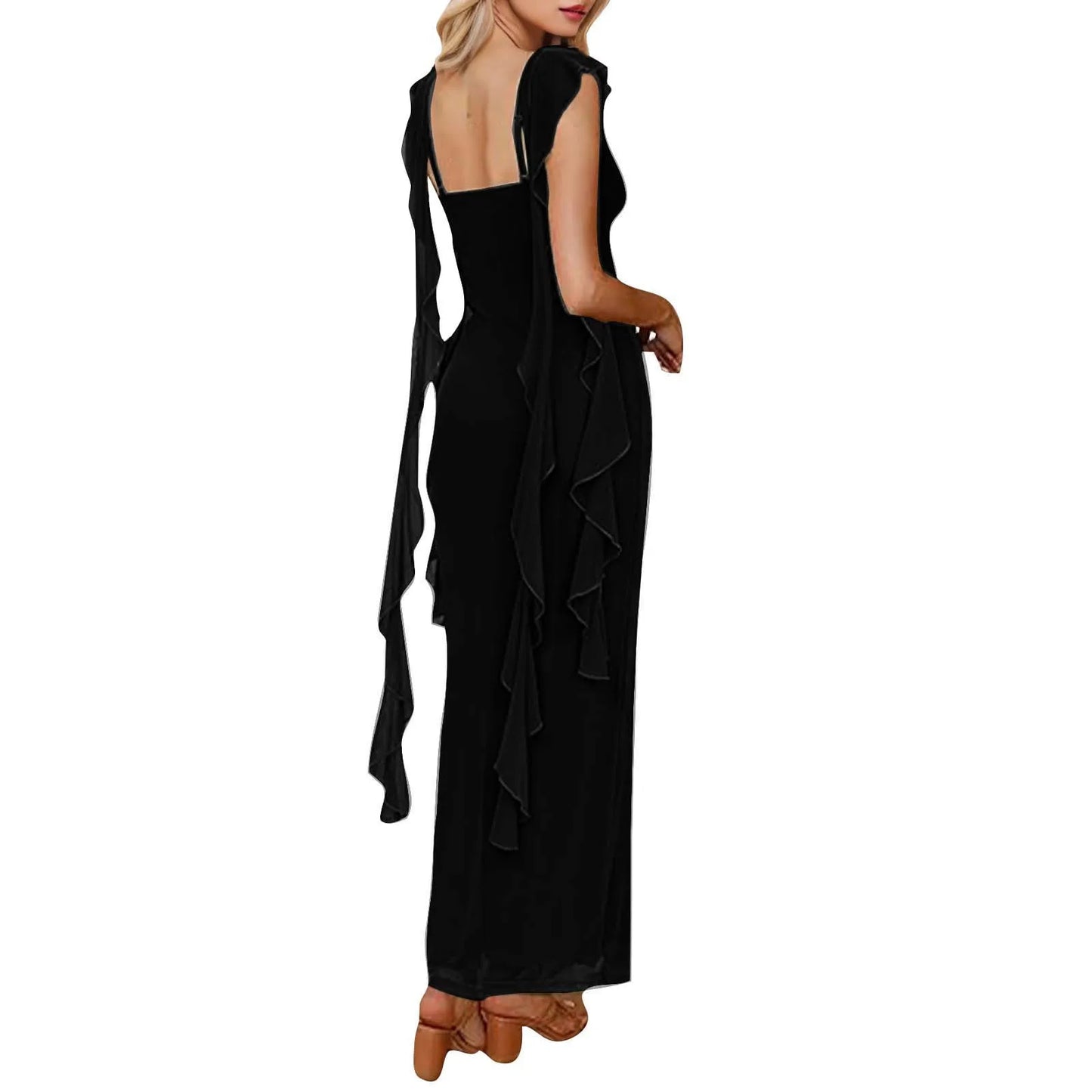 Elegant Ruffles Long Maxi Square Collar Backless Sleeveless Fashion Slim Fit Wedding Party Dress