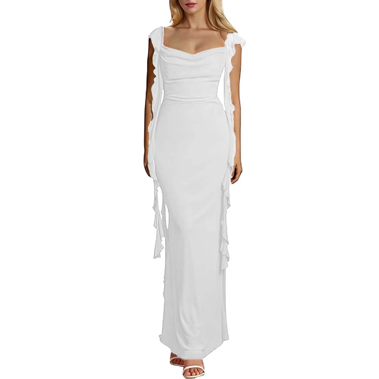 Elegant Ruffles Long Maxi Square Collar Backless Sleeveless Fashion Slim Fit Wedding Party Dress