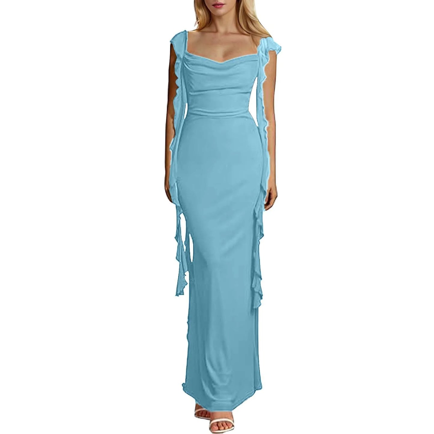 Elegant Ruffles Long Maxi Square Collar Backless Sleeveless Fashion Slim Fit Wedding Party Dress
