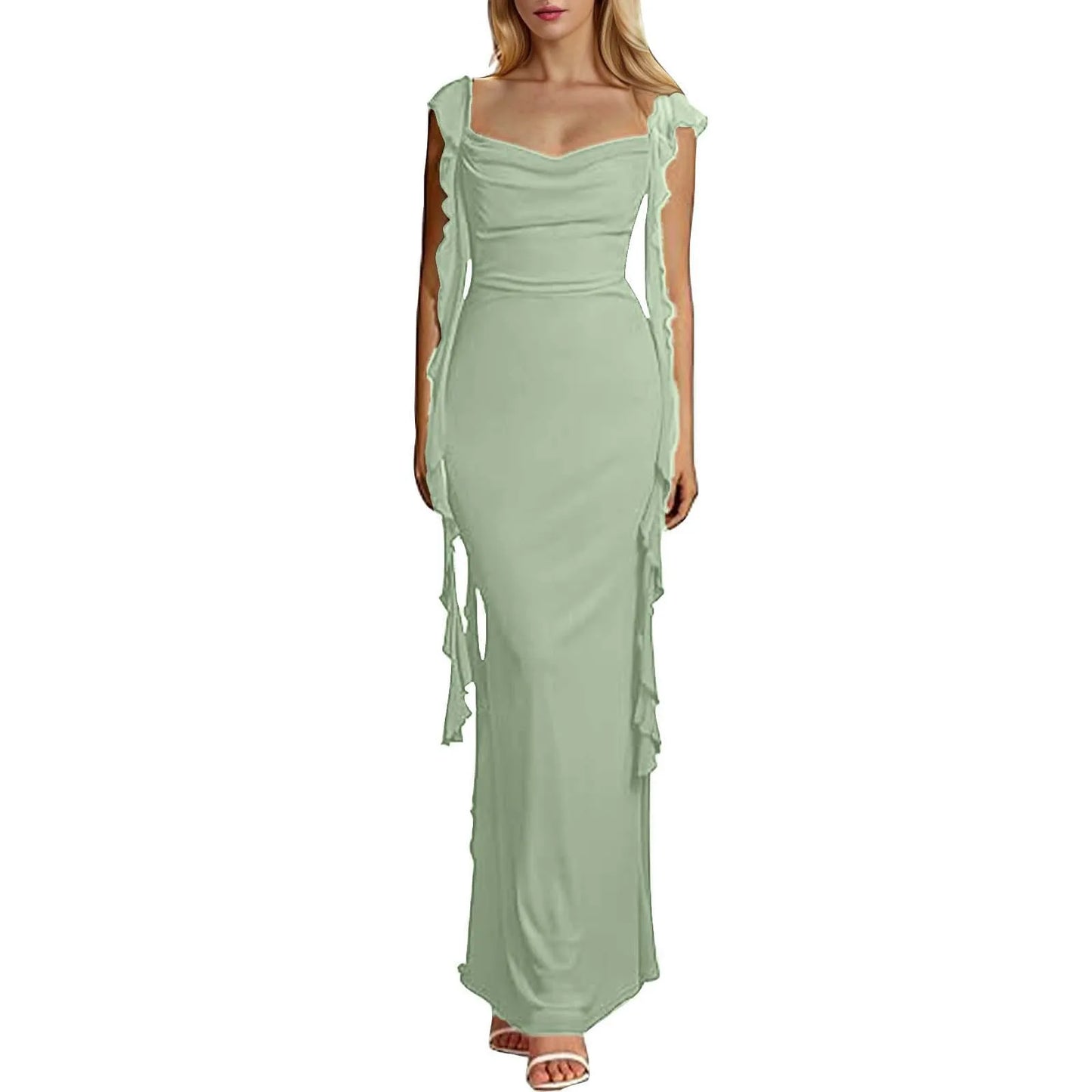 Elegant Ruffles Long Maxi Square Collar Backless Sleeveless Fashion Slim Fit Wedding Party Dress