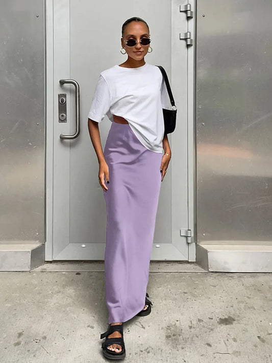 Elegant Satin Black Trumpet Skirts Slim High Waist Office Long Skirt