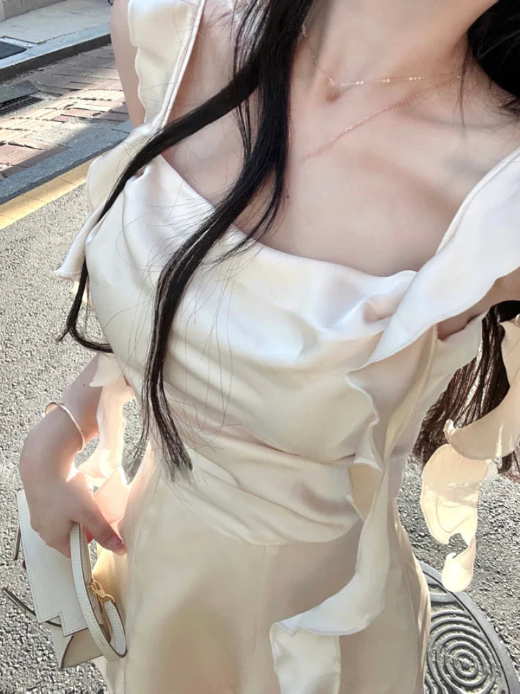 Korean Spaghetti Strap Vintage Fairy Sweet Midi Dress