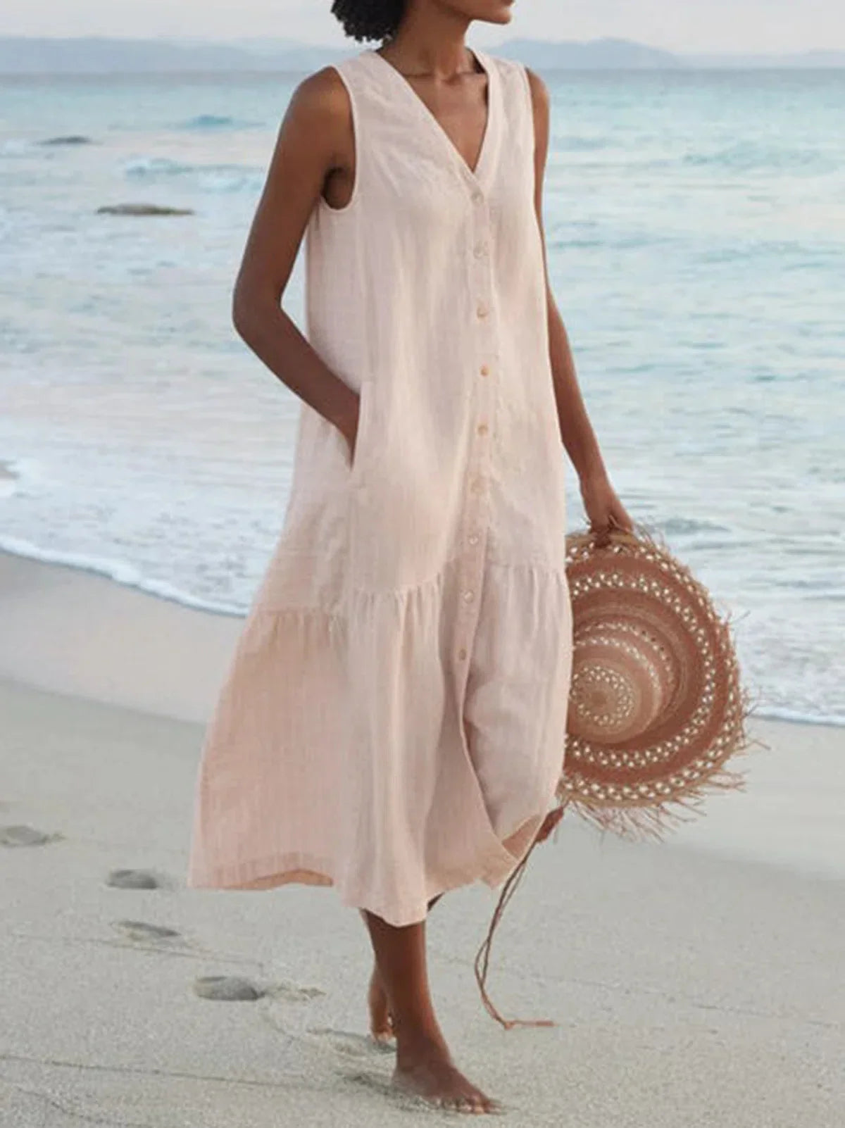 Elegant Solid Shirt Summer Sleeveless V Neck Harajuku Maxi Dress