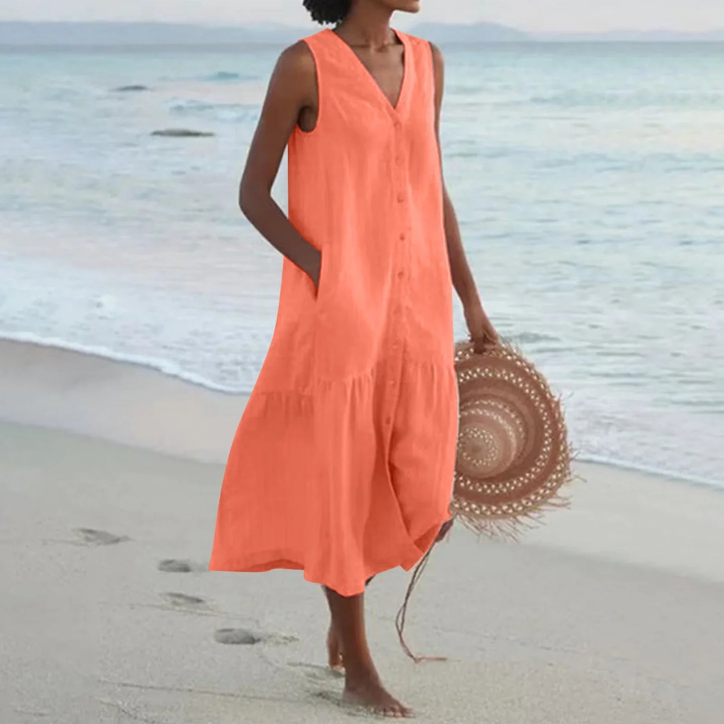 Elegant Solid Shirt Summer Sleeveless V Neck Harajuku Maxi Dress