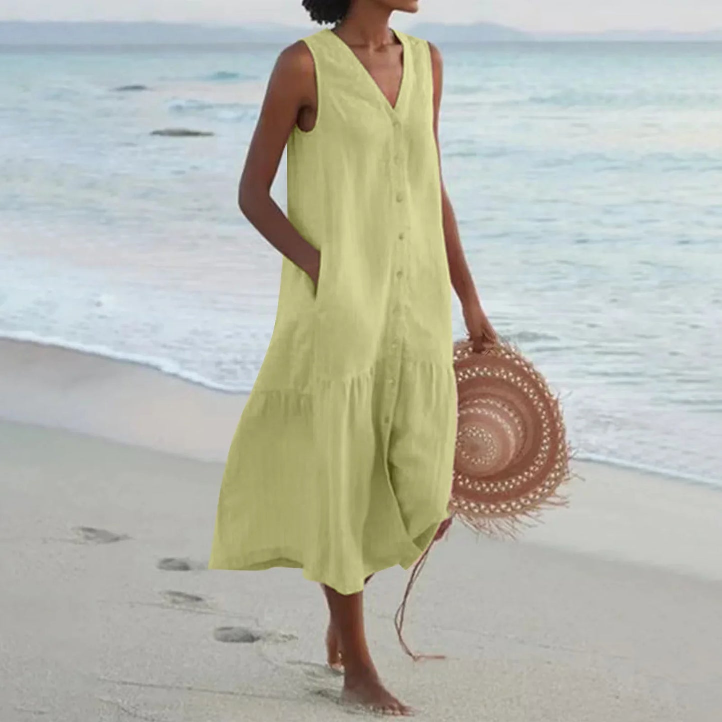 Elegant Solid Shirt Summer Sleeveless V Neck Harajuku Maxi Dress