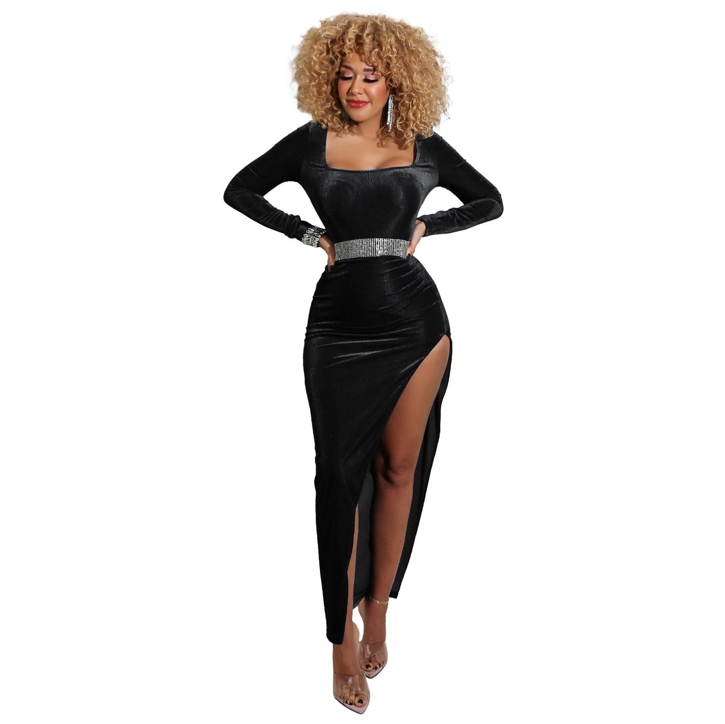 Elegant Velvet High Waist Slit Maxi Dress Long Sleeve Evening Party Dress