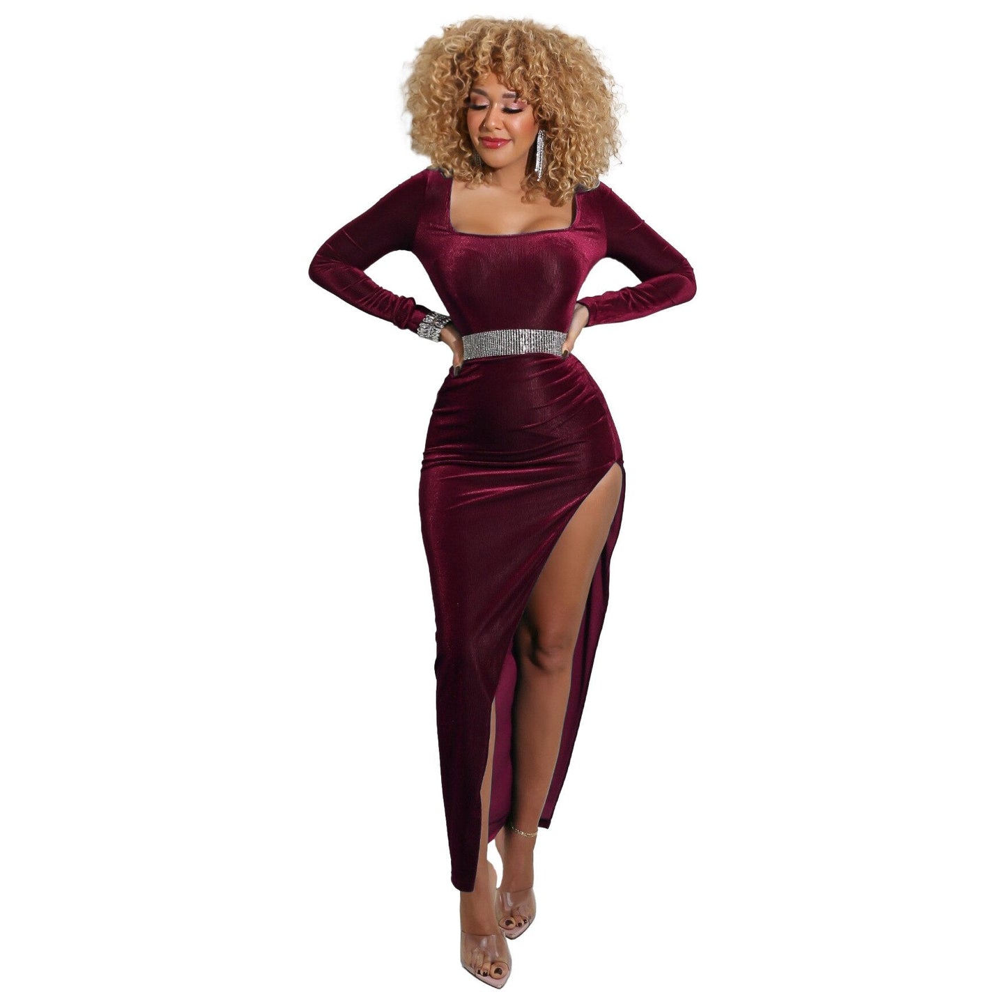 Elegant Velvet High Waist Slit Maxi Dress Long Sleeve Evening Party Dress