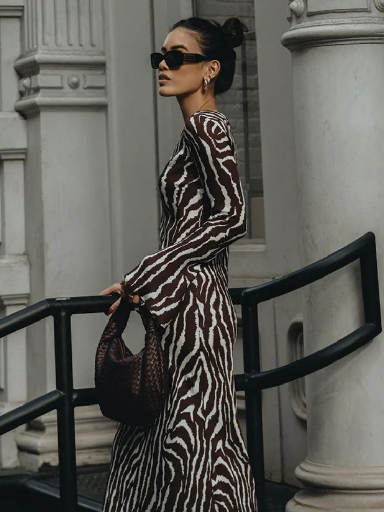 Vintage Zebra Print Long Sleeve Party Maxi Dress