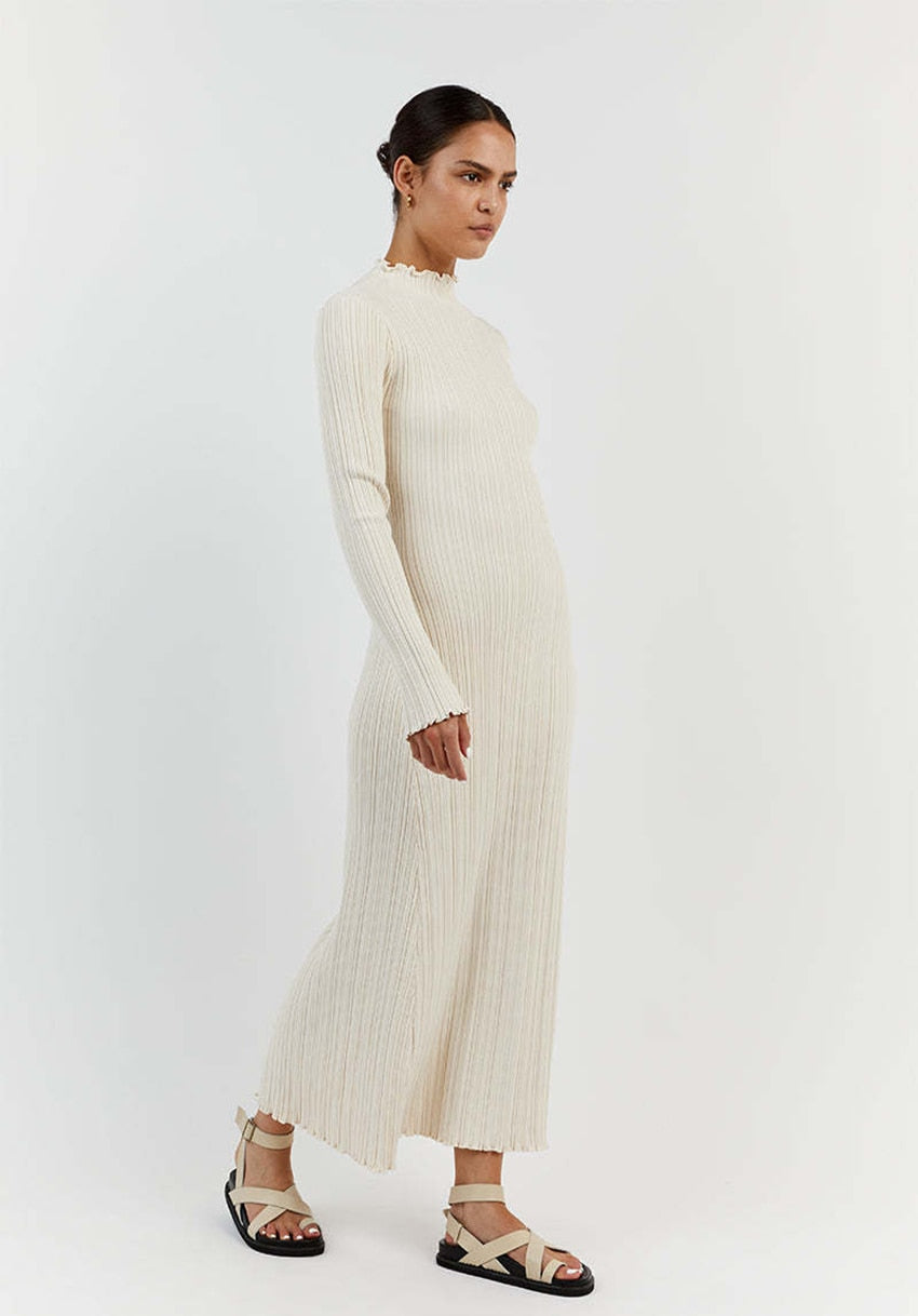 Evva Frill Neck Ribbed Knit Maxi Dress - 3 Colors