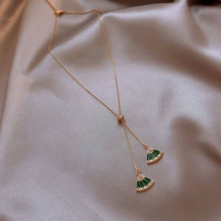 Fan Crystal Geometric Pendant Necklace - 2 Colors