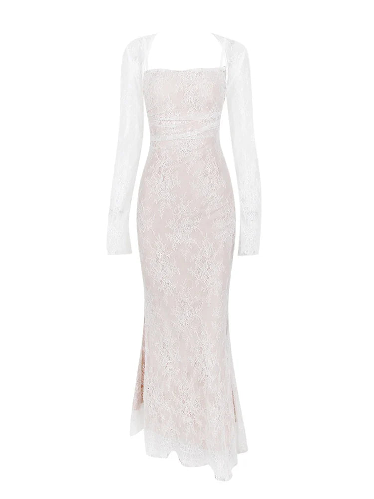 Spring New Double Layer Lace White Long Sleeve Floral Dress