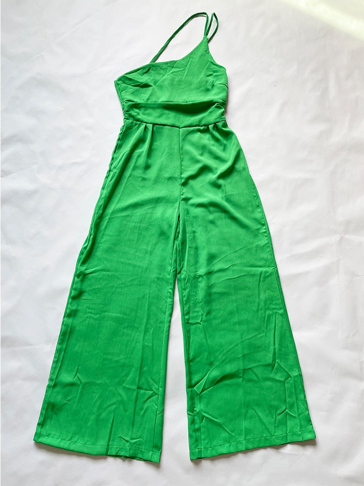 Faris One Shoulder Linen Look Wide Leg Jumpsuits - 4 Colors