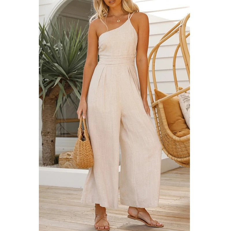 Faris One Shoulder Linen Look Wide Leg Jumpsuits - 4 Colors