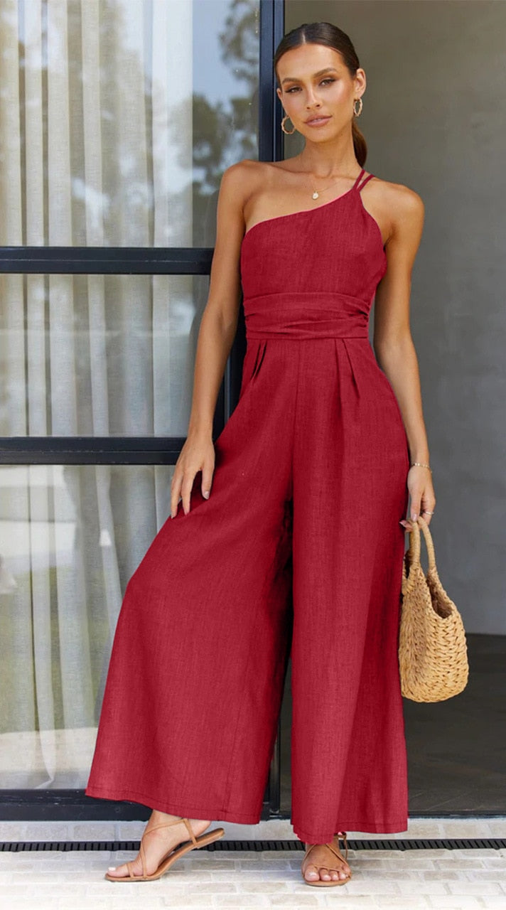 Faris One Shoulder Linen Look Wide Leg Jumpsuits - 4 Colors