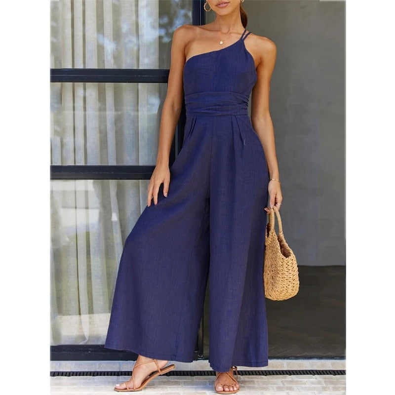 Faris One Shoulder Linen Look Wide Leg Jumpsuits - 4 Colors