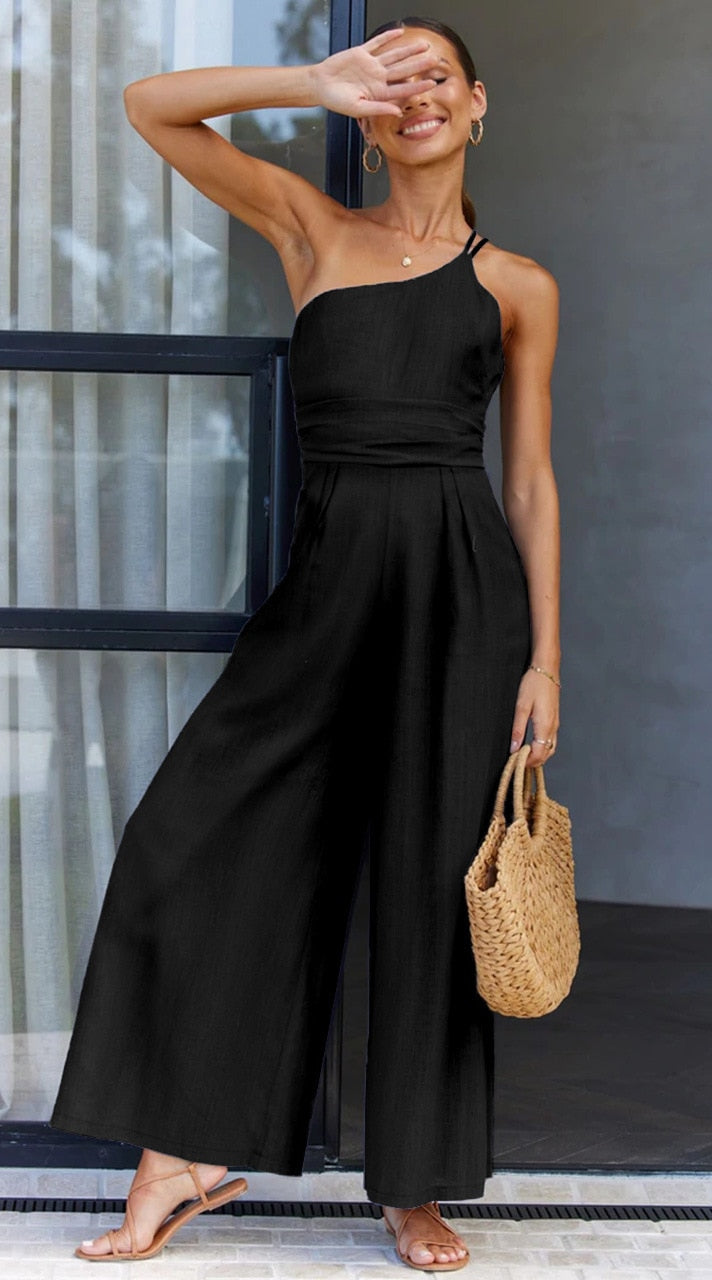 Faris One Shoulder Linen Look Wide Leg Jumpsuits - 4 Colors