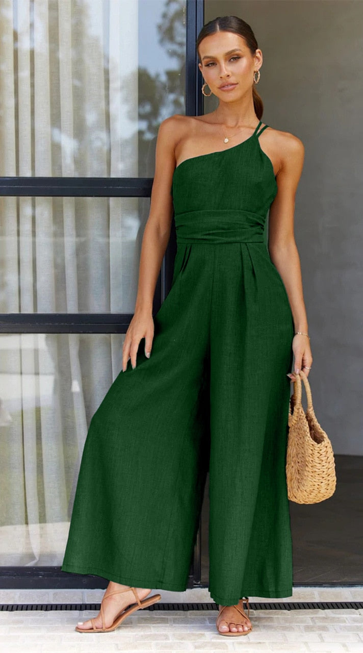 Faris One Shoulder Linen Look Wide Leg Jumpsuits - 4 Colors