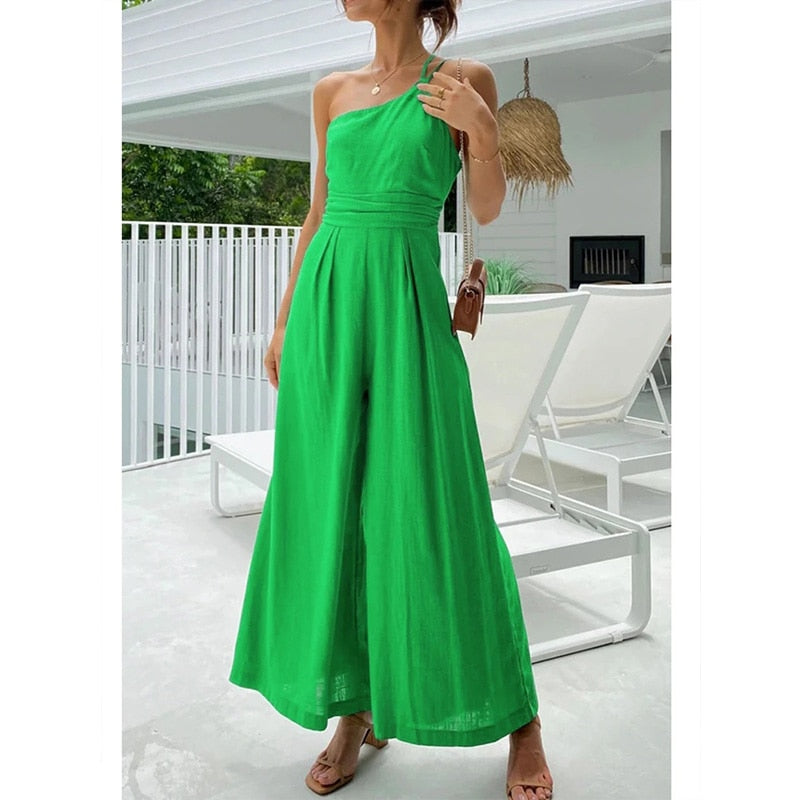 Faris One Shoulder Linen Look Wide Leg Jumpsuits - 4 Colors