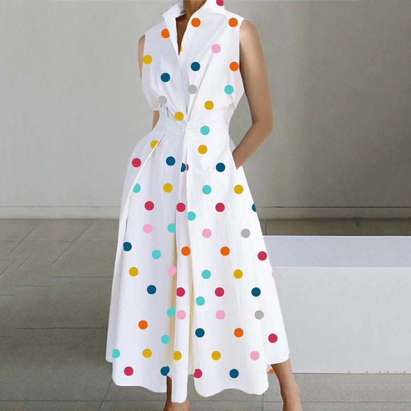 Fashion Casual Turn-down Collar Printed Sleeveless Loose Elegant Slim Fit Midi Dresses