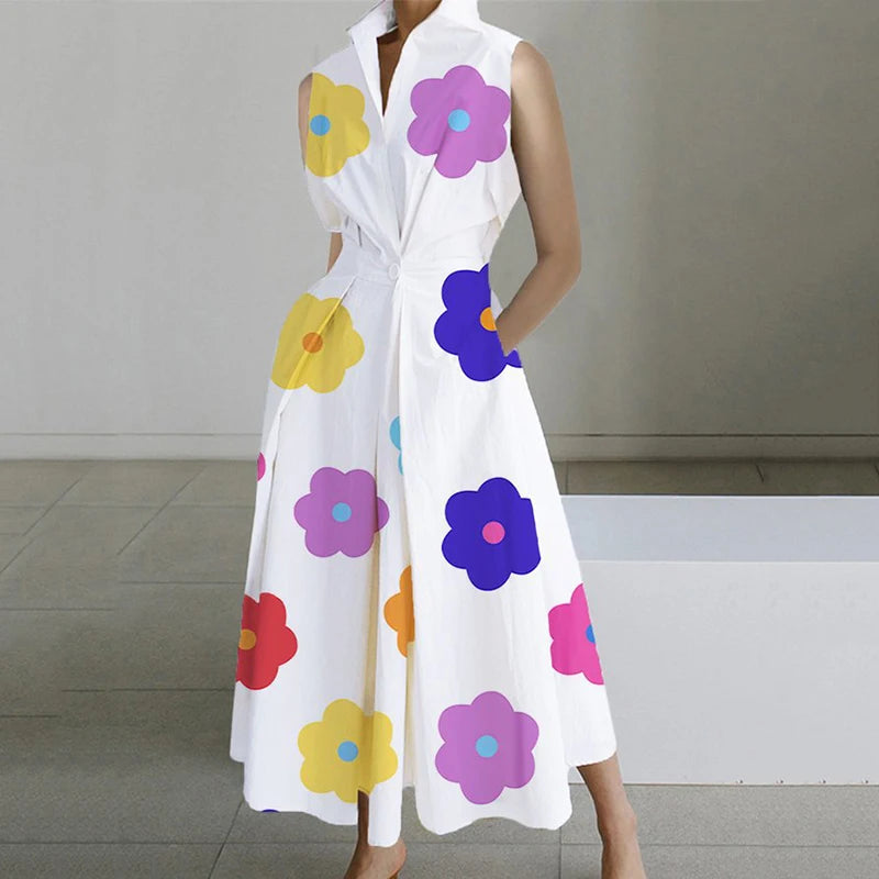 Fashion Casual Turn-down Collar Printed Sleeveless Loose Elegant Slim Fit Midi Dresses