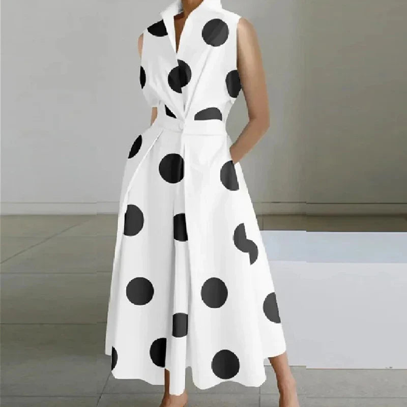 Fashion Casual Turn-down Collar Printed Sleeveless Loose Elegant Slim Fit Midi Dresses