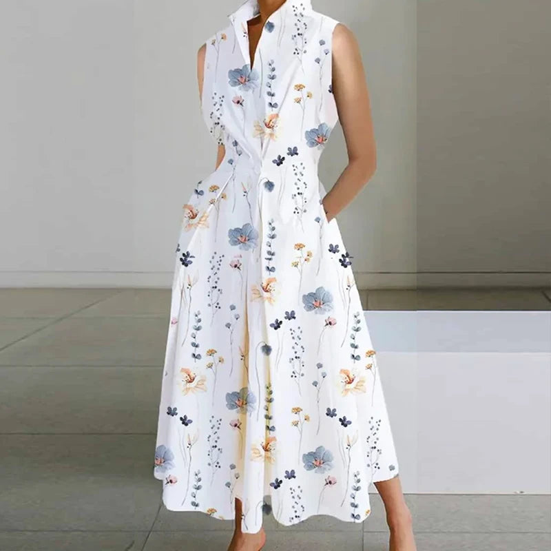 Fashion Casual Turn-down Collar Printed Sleeveless Loose Elegant Slim Fit Midi Dresses